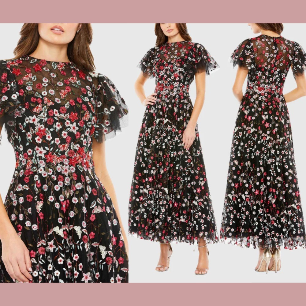 NWT MAC DUGGAL [ 16 ] 20323 Embellished Butterfly Tea Length‎ A Line Dress Black
